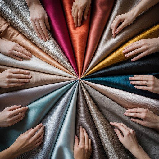 A colourful selection of fabrics arranged by shade